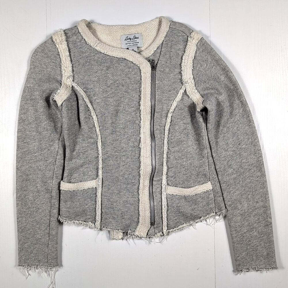 Lucky Brand Lucky Lotus Women’s S Gray Asymmetrical Full Zip Knit Jacket Boho